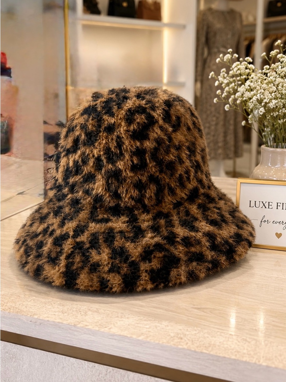 Fuzzy Leopard Print Bucket Hat Y2K Mob Wife Faux Fur Sonoma NWOT